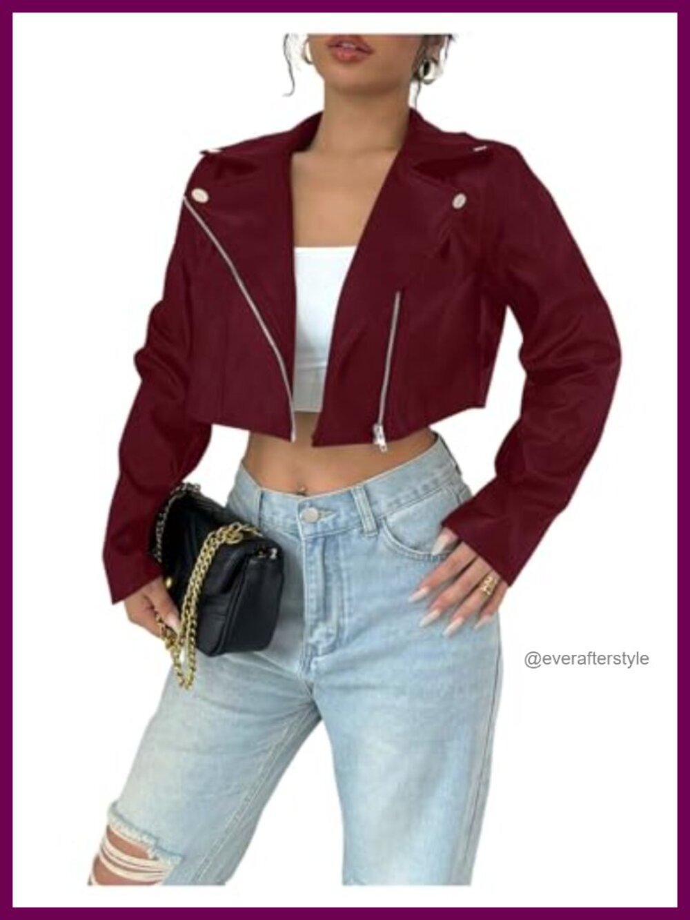 Women's PU Leather Cropped Moto Jacket Zip Up Faux Leather Biker Coat